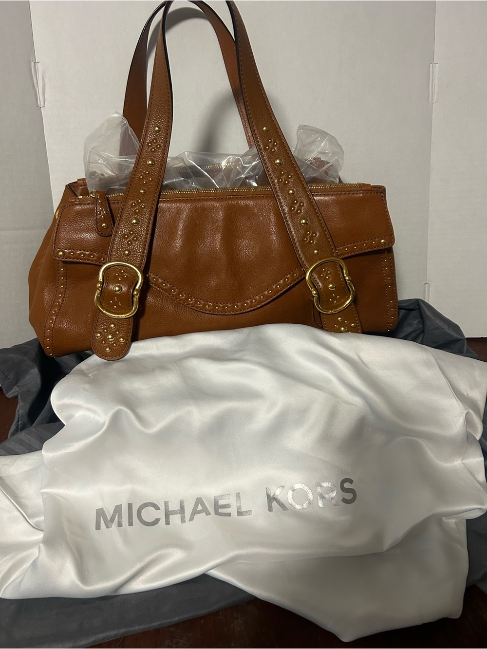 Michael Kors Brown Leather Shoulder Bag with Studded Straps and Gold Hardware